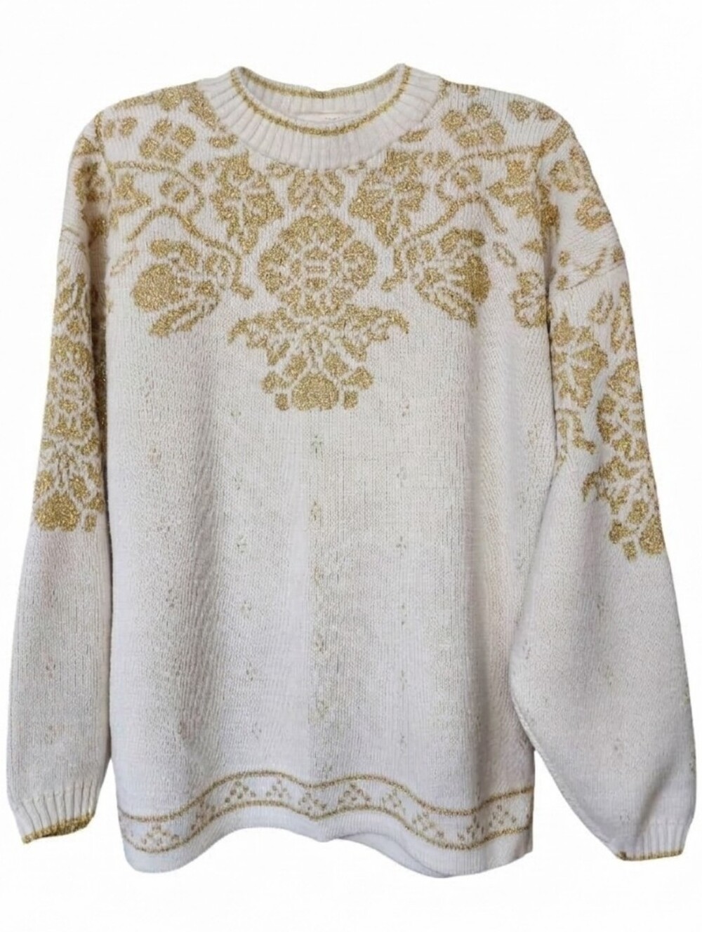 Vintage 80s Dana Scott Gold Metallic Holiday Sweater Made in USA Oversized Small